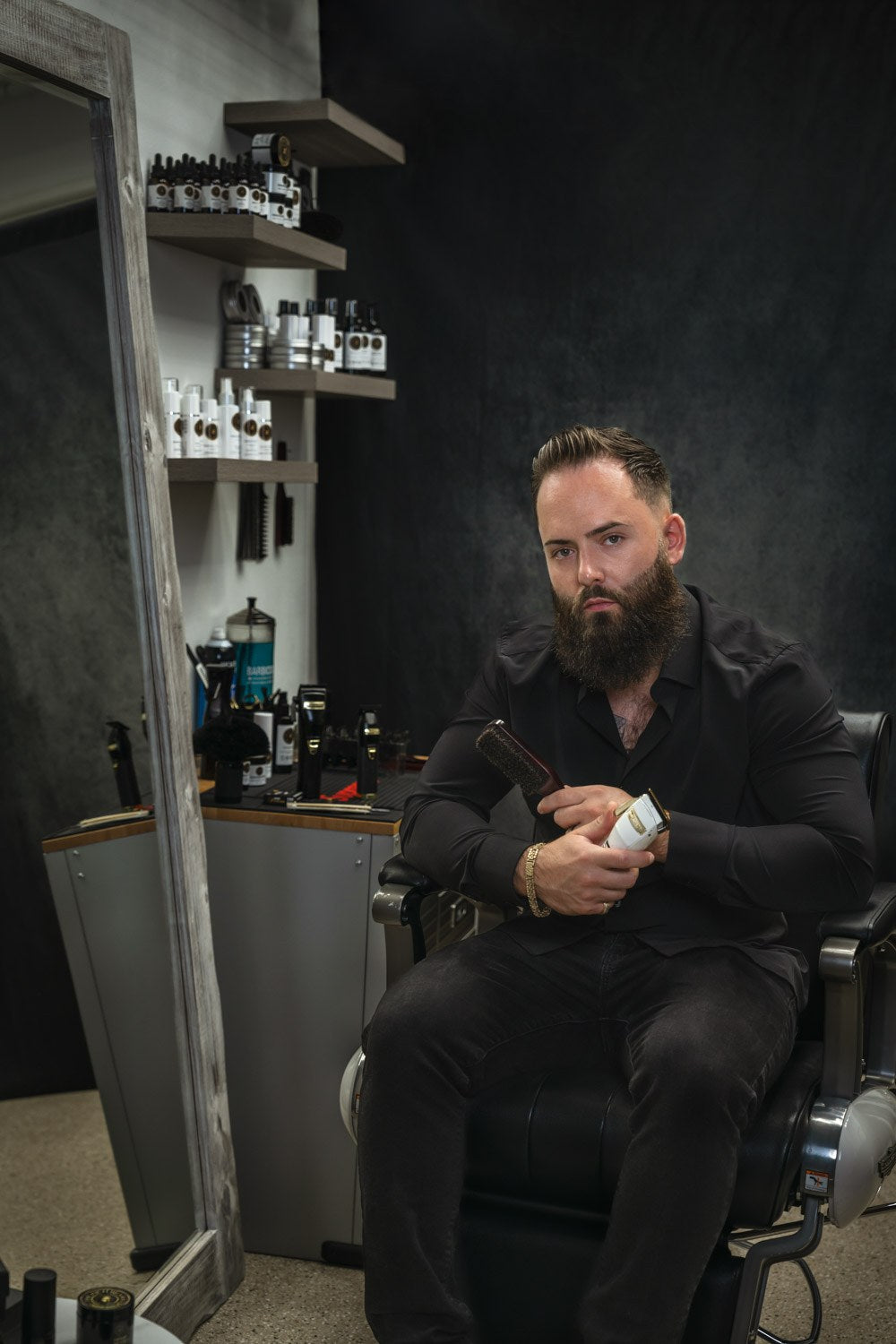 The Rich Beard products on a barbershop shelf